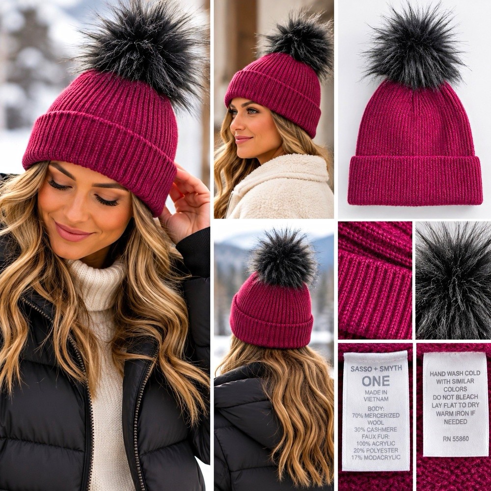 Merino Wool Beanie Women Burgundy Faux Fur Pom Spear + Summit Winter Hat Snow